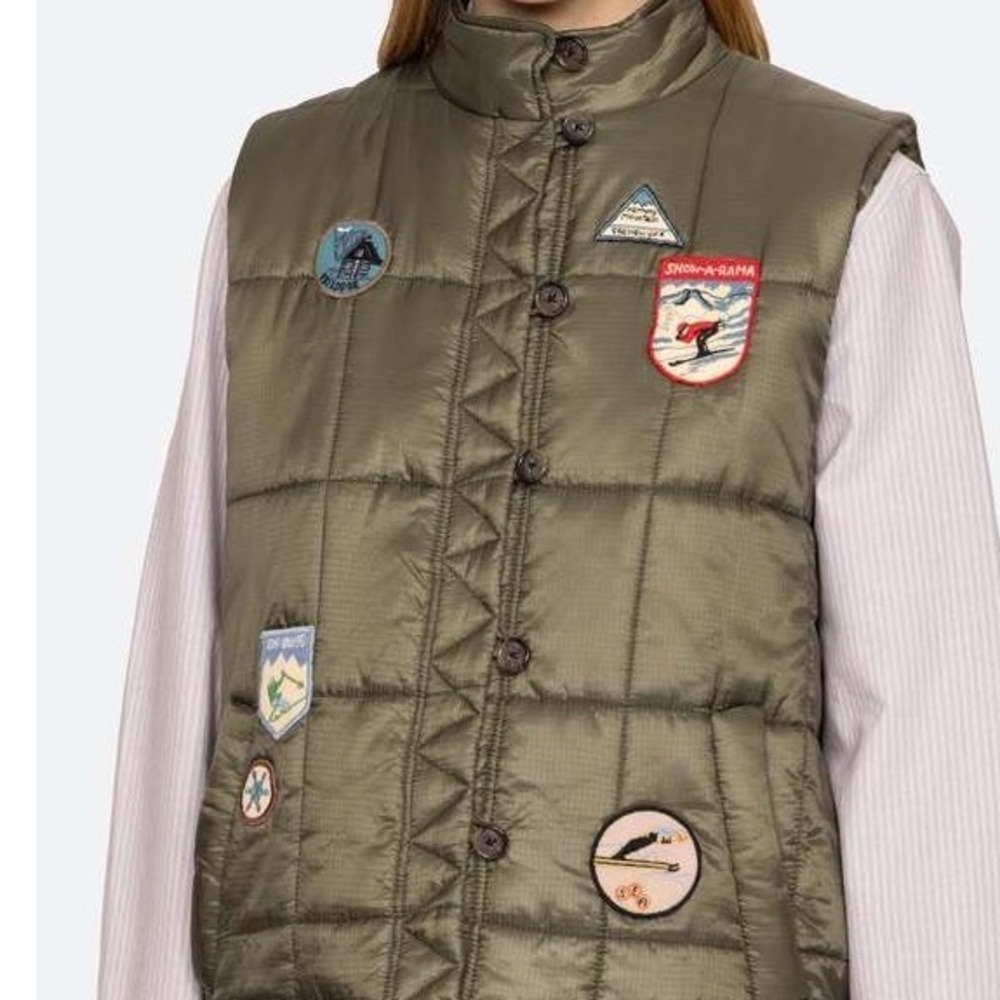 Sea New York Harmony Mountain Puffer Vest Olive Green Ski Patch Quilted Small
